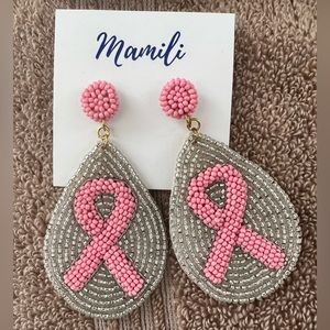 Pink and Silver Ribbon Beaded Earrings